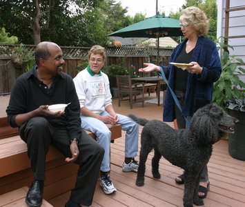 Suku, Margo, (needtono), and Beau but note Harry the cat watching Beau from the fence