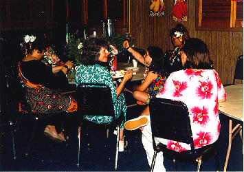 "... we had hundreds of mini-carnations that we beheaded and strung into flower garlands. I also brought a bunch of clippings from my rose-scented geranium, so we added the rose-scented leaves into the leis, thus adding a strong floral fragrance to the garlands. And kudos to (goodston) for thinking to use the unopened flower buds for a lovely but subtle all-green lei. It was gorgeous!" -- (peoples)
