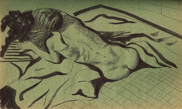Nude ink drawing on green paper